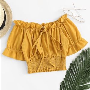 Tie Front Frill Bardot Shirred Crop Top